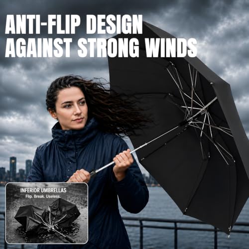 Collapsible Windproof Umbrella Travel - 42inch Auto Open & Manual Close - color: 01.Black