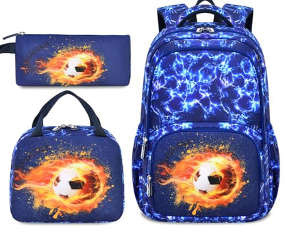 Boys Backpack Set 3PCS Ages 6-12, Kids School Backpack - color: Flame Soccer Blue