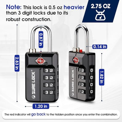SURE LOCK TSA Approved 4-Digit Resettable Combination Luggage Locks with Open Alert, Easy-Read Dials - for Luggage, School Lockers, Gym, Office, Toolbox & Security Cases (Black 2 Pack) - color: BLACK 2 PACK