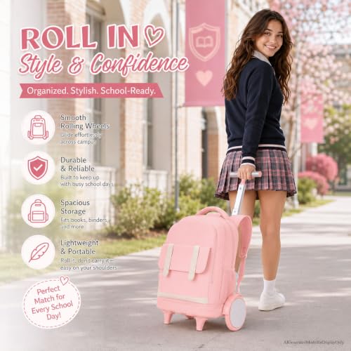 KLFVB Rolling Backpack for Women & Girls with Big Quiet-Glide Wheels, 3-in-1 Wheeled Commuter Set with Lunch Bag | Water-Resistant Roller Bookbag for Work, School, Travel - Pink - color: Girls Rolling Backpack with Big Wheels - Pink