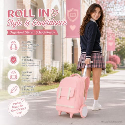 KLFVB Rolling Backpack for Women & Girls with Big Quiet-Glide Wheels, 3-in-1 Wheeled Commuter Set with Lunch Bag | Water-Resistant Roller Bookbag for Work, School, Travel - Pink - color: Girls Rolling Backpack with Big Wheels - Pink