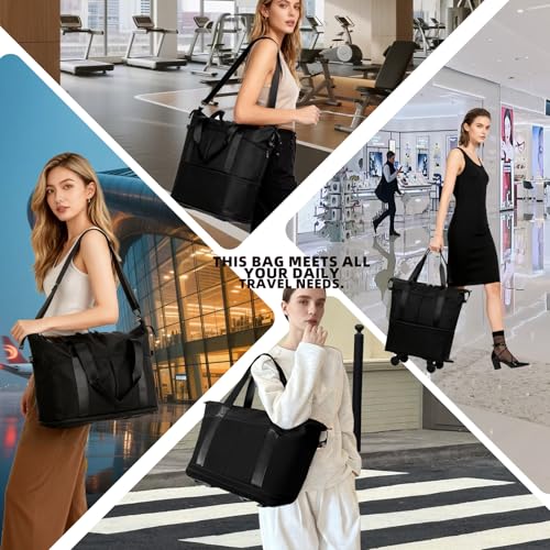 Travel Rolling Duffel Bag with Removable Wheels,Expandable Foldable Carry-On Luggage for Trip or Hospitalization - color: Black Backpack