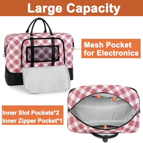 TIBES Travel Weekender Bag for Women, Overnight Bag with Shoe Compartment - color: W-Red Plaid