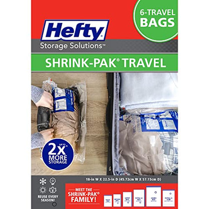 Hefty Shrink-Pak Large Travel Bags - Airtight Storage Bags for Maximum Space Saving, Travel Essentials, Ideal for Packing, Durable, Reliable Compression with Sealed Protection - size: 6 Large Travel Bags