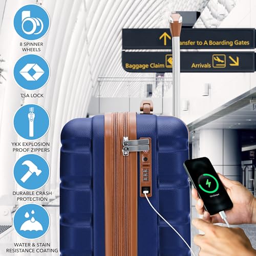 Flight Knight 21.5x15.5x9 Expandable Carry On Suitcase Hardside TSA Lock & USB C Port Lightweight Luggage Silent Double Spinner Wheels Maximum Canada Air Overhead Bag Airlines Approved Navy/Tan - color: Navy/Tan, size: 21.5x15.5x9"