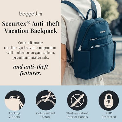 Baggallini Securtex® Anti-theft Vacation Travel Backpack 10x13 Daypack w/Locking Zippers & RFID Wallet Slash-Resistant - color: Black/Neutral