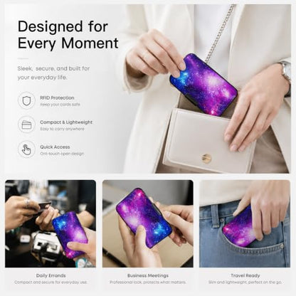 Credit Card Holder RFID Aluminum card case Wallet purple starry mini Wallet - color: Cosmic Galaxy