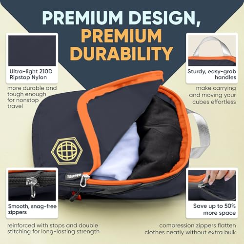 TRIPPED Travel Gear Large Compression Packing Cubes 7-Piece Set for Travel - color: Grey/Orange