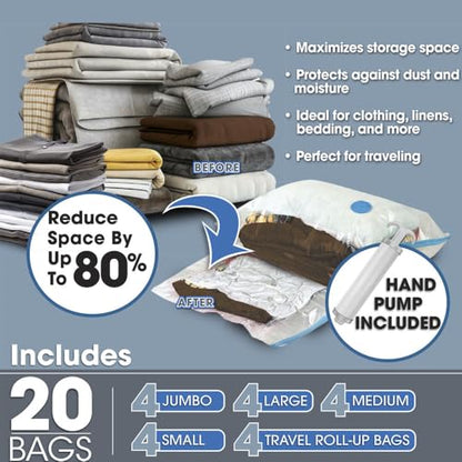 20-Pack Vacuum Storage Bags – Multi-Size (Jumbo to Travel Roll-Up), Double-Zip Seal, Triple-Seal Turbo Valve & Hand Pump – Space-Saving, Reusable, Transparent