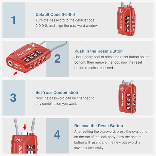 Puroma 2 Pack TSA Approved Luggage Locks 4 Digit Code Cable Lock Red | Resettable, Flexible Cable, Zipper holes, Zinc Alloy, Bright Color, Large White Numbers, Suitcase Train Travel, laptop bag - color: Basic Red