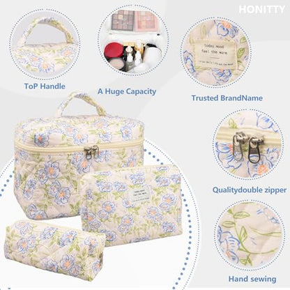 honitty Makeup Bag,Quilted Cosmetic Bags for Women - color: Blue-Flower