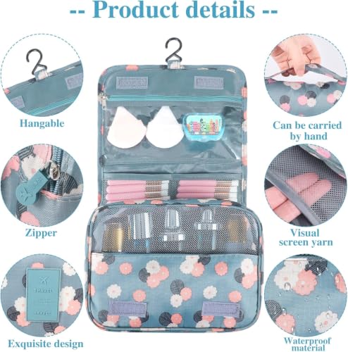 Hanging Toiletry Bag for Women, Portable Cosmetic Summer Beach Bag, Floral - color: Blue