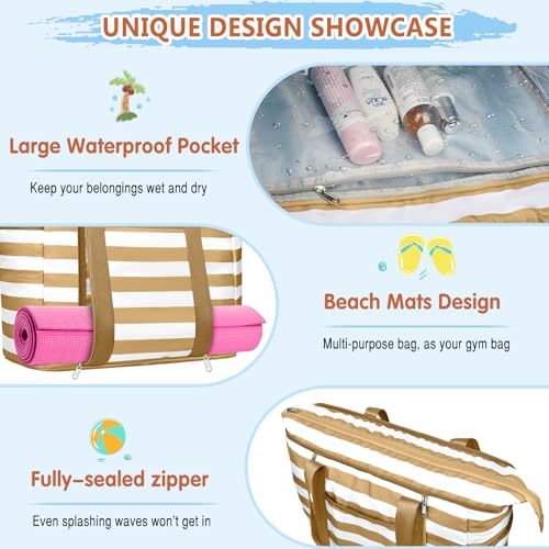 Extra Large Beach Bags for Women Waterproof Sandproof Beach Tote Bag - color: Brown White