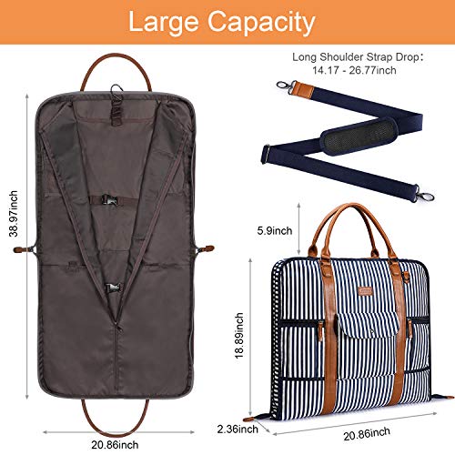 S-ZONE Carry on Garment Bag for Business Travel Canvas Leather Men Suit Cover - color: Blue Stripe, size: Large