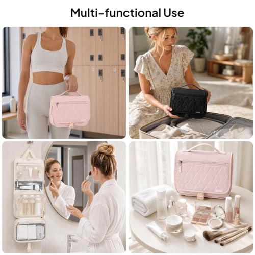 TOPEAST Quilted Travel Toiletry Bag for Women,Detachable Hanging Makeup Bag - color: Pink