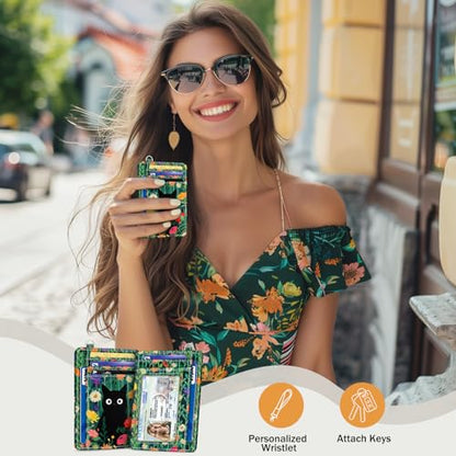 Yonlevres Cat Credit Card Holder Slim RFID Wallet Women Small Travel Cute - color: Cat Flower Green