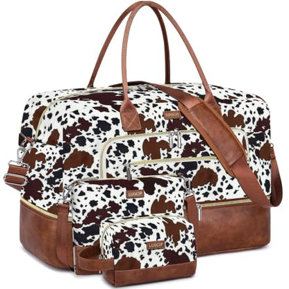 Large Women Travel Weekender Bag: Carry on Duffle with Shoe Compartment - color: Brown Cow Print