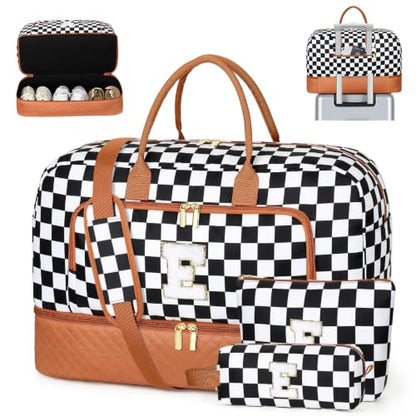 TIBES Gift for Her, Weekender Bag for Women Initial Travel Duffle Bag - color: Black & White Checkerboard, style: E