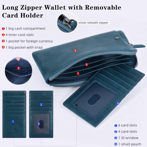VISOUL Long Zipper Cash Wallet for Women with Removable Credit Card Holder Genuine Soft Leather-Blue - color: Blue