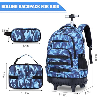 ACESAK 3PCS Camo Rolling Backpack for Boys with Lunch Box Pencil Case - color: Camo Blue