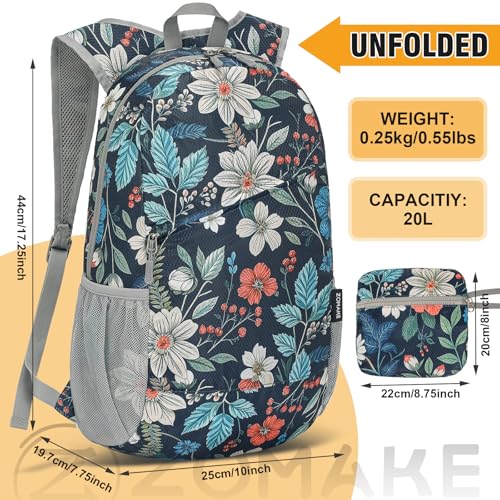 ZOMAKE Lightweight Packable Backpack 20L, Foldable Small Daypack for Hiking - color: Royal Blue, Floral Print