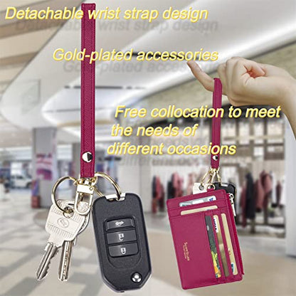 Wikavanli Women Slim Rfid Blocking Credit Card Case Holder Wristlet Zip ID Case Wallet Small Compact Leather Wallet Coin Purse with Keychain (Rose Red) - color: Rose Red