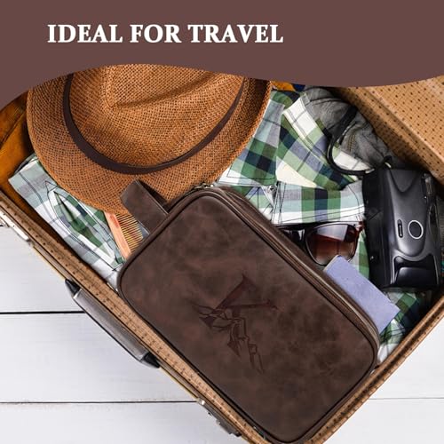 Travel Toiletry Bag For Mens PU Leather Engraved Initials (Dark Brown E) - color: Dark Brown, style: E