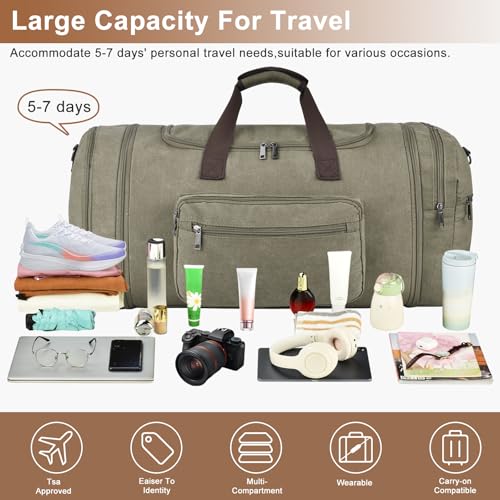 Felipe Varela 60L Canvas Duffle Bag for Men, Travel & Gym Carry on, Green - color: Green, size: 60L