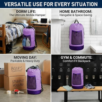 Backpack Laundry Bag, Durable polyster Laundry Backpack Bag with Shoulder Straps, Drawstring Closure & Mesh Pocket, Large Clothes Hamper for Dorm, Travel, Laundromat (Purple) - color: Purple