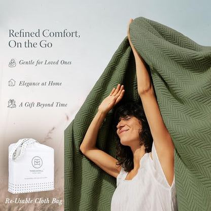 Threadmill Luxury 100% Cotton Queen Herringbone Blanket, Olive - color: Olive, size: Queen (90" x 92")