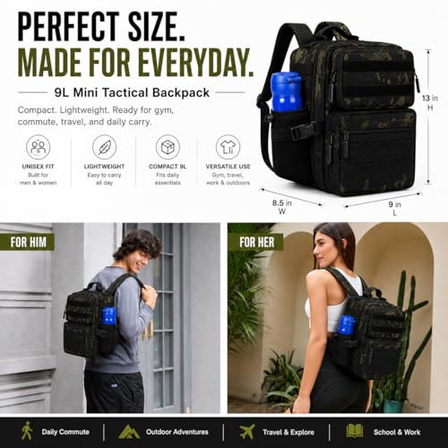 9L Mini Tactical Backpack for Men and Women, Gym Hiking Travel Daypack - color: Black Camo