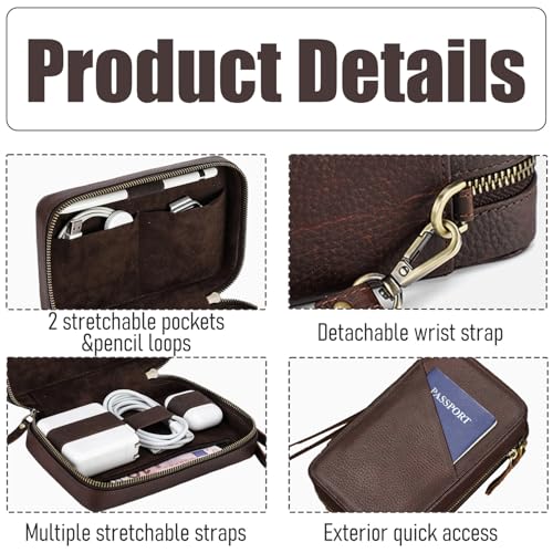 Acidea Full Grain Leather Electronics Accessories Storage Box Travel Cable Organizer Pouch, Charger Roll Up Case with Zippers Leather Tech Organizer for Power Bank, USB, Cables, Travel Essentials