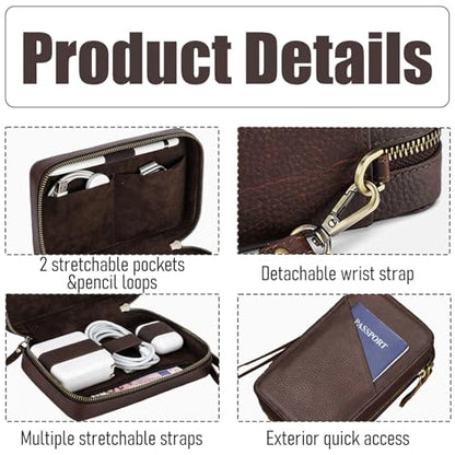 Acidea Full Grain Leather Electronics Accessories Storage Box Travel Cable Organizer Pouch, Charger Roll Up Case with Zippers Leather Tech Organizer for Power Bank, USB, Cables, Travel Essentials