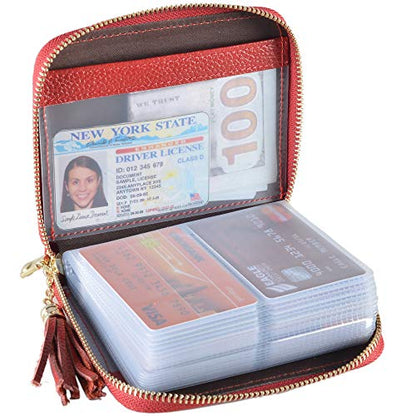 Easyoulife Womens Credit Card Holder Wallet Zip Leather Card Case RFID Blocking (Red) - color: Red