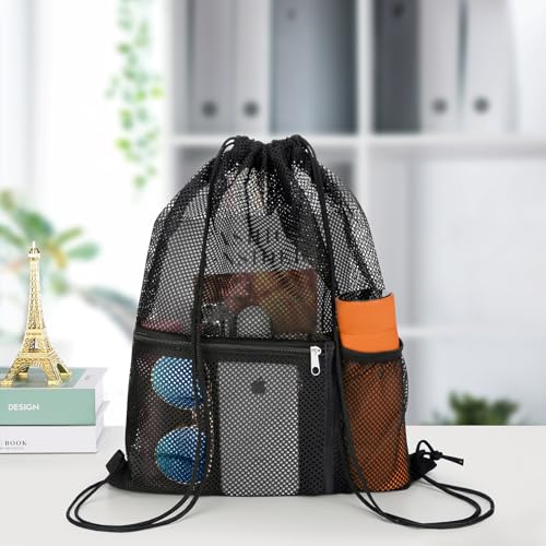 NATURAL STYLE 2 PACK Mesh Drawstring Backpack Bag, Multifunction Mesh Bag for Swimming, Athletic Gym, Clothes, Beach, Swim (Black) - color: Black