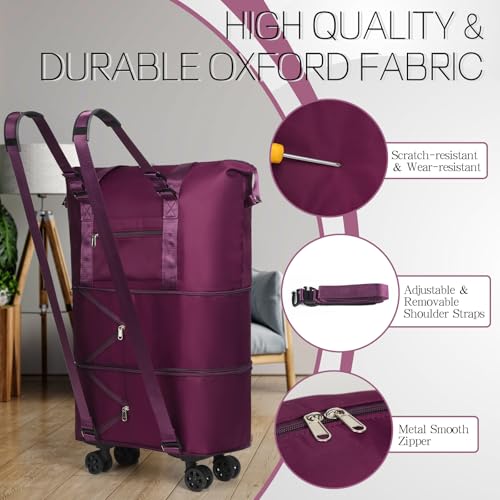Duffel Bag with Wheels - Rolling Foldable Expandable Duffle Bag with Wheel for Travel, Rolling Luggage Bag Carry On Travel Bag with Wheels, Large Wheeled Overnight Weekender Bags (Deep Purple) - color: Deep Purple