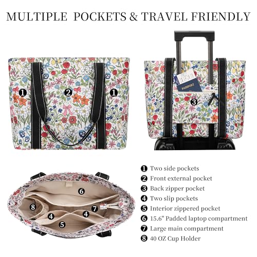 Tote Bag for Women with LaptopCompartment & Cup Holder - color: Bow Meadow