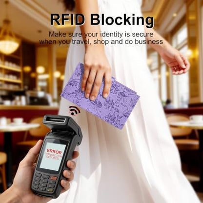 Travelambo Womens Leather Bifold Wallet, Slim RFID Blocking Card Holder - color: Purple Flower