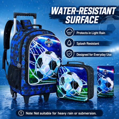 gxtvo Kids Rolling Backpack, Roller Wheels Boys Bookbag, Wheeled Suitcase Elementary School Bag-3PCS Dinosaur/Unicorn/Mermaid - color: Uv Printing Green Soccer Rolling Backpack