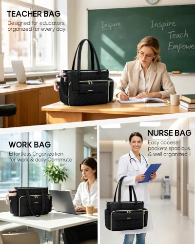 RAINSMORE Teacher Bag for Women, 15.6" Laptop Work Tote, 40oz Cup Holder - color: Black