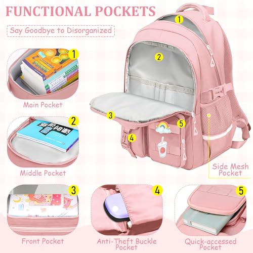 Kids Backpacks for Girls - Cute Girls Backpack for Kids Children Teens Elementary Middle School - 17″ Students Bookbag Travel Back Pack for Age 6-18 - color: Tm-pink-backpack Only
