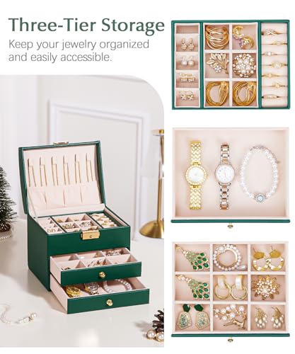 Homde Small Jewelry Box for Girls: 3-Layer Lockable Organizer (Green) - color: Midnight Green