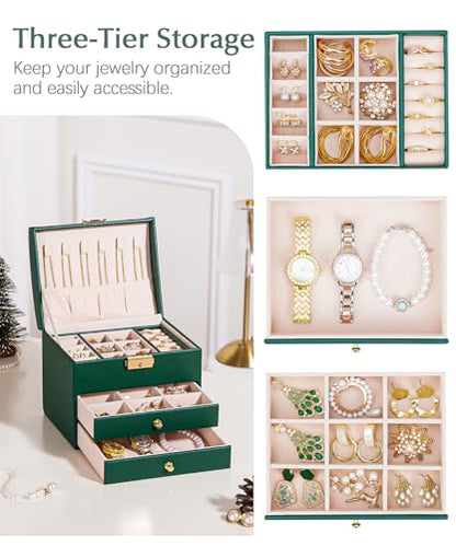 Homde Small Jewelry Box for Girls: 3-Layer Lockable Organizer (Green) - color: Midnight Green