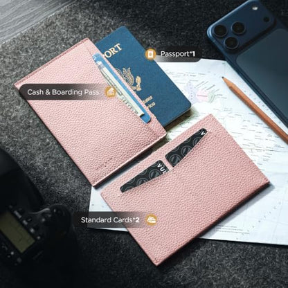VULKIT Passport Cover Ultra Slim Design Leather Passport Sleeve RFID Blocking with 2 Card Slots, Anti-Theft Travel Essentials - color: Grain Blush Pink