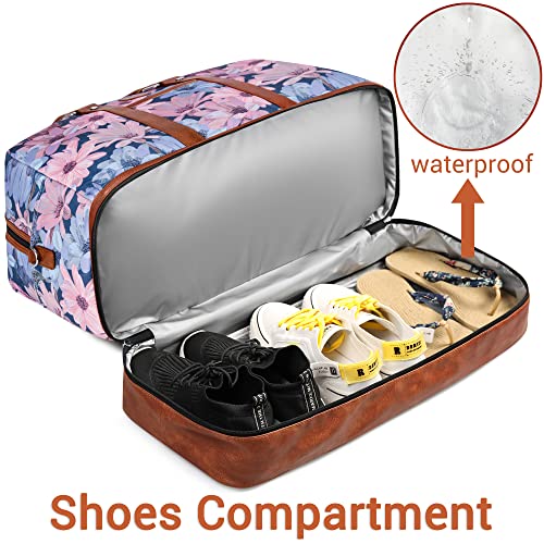IBFUN Weekender Bags for Women, 3PCS Travel Set with Shoe Compartment 21.6 - color: A07-brown+blue flower