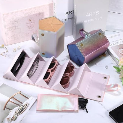 PATIKIL Travel Sunglasses Organizer, 5 Slot Foldable Sunglasses Holder Leather Sunglass Storage Organizer with Pouch - color: White