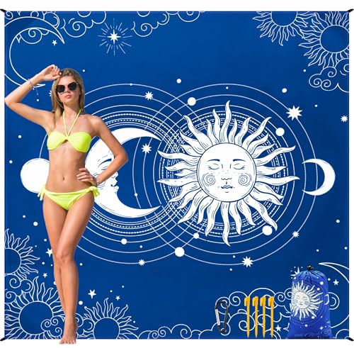 HIHOHO Beach Blanket Waterproof Sandproof Quick Drying Mat for 1-8 Adults - color: Bl-sunmoon, size: 6'11" x 6'7"