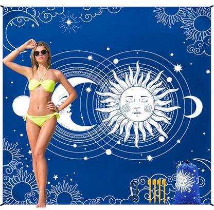 HIHOHO Beach Blanket Waterproof Sandproof Quick Drying Mat for 1-8 Adults - color: Bl-sunmoon, size: 6'11" x 6'7"