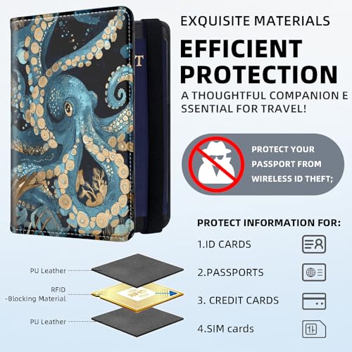 RFID Security Premium Passport and Travel Document Holder Combo, Slim PU Leather Folio Wallet with 3 Card Slots & Boarding Pass Pocket, Secure Elastic Closure Organizer, Blue Octopus - color: Blue Octopus