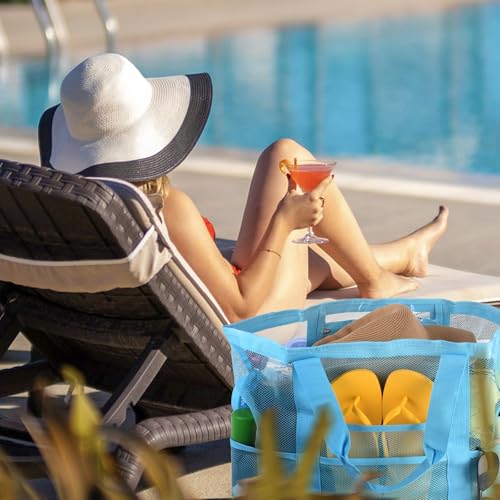 CaCTOUR Mesh Beach Bag,Large Beach Bags for Women with 8 Pockets,Packable Tote Bag for Beach Cruise Pool Vacation Essentials - color: Blue